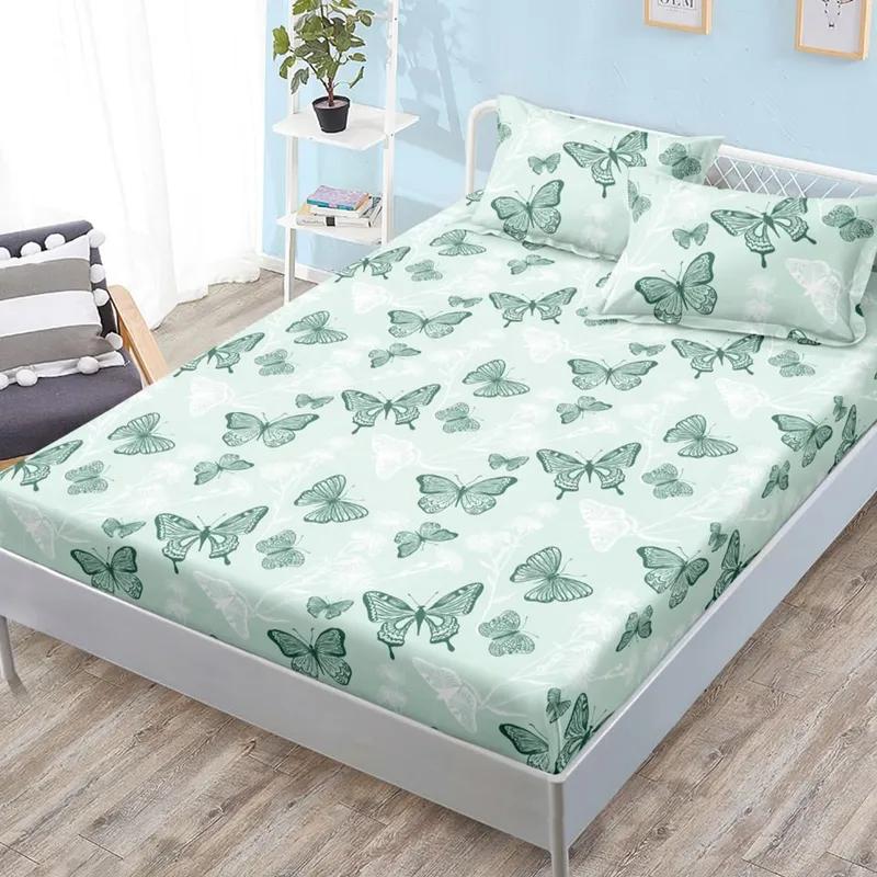Cearceaf din Bumbac Satinat cu Elastic - 180x200 + 2 Fete Perna - Verde cu Fluturi - CEFN_L096B
