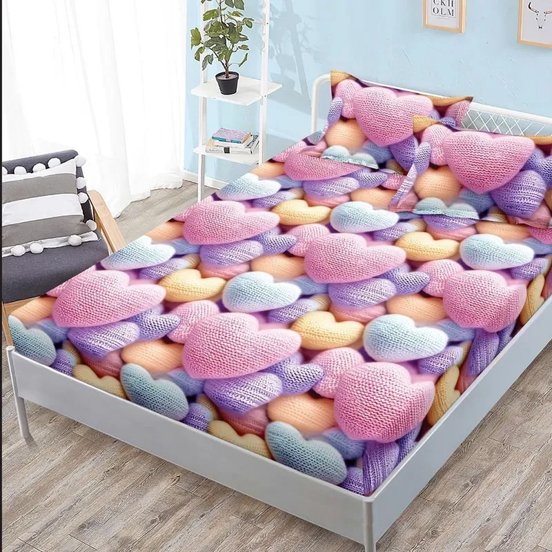 Cearceaf din Bumbac Satinat cu Elastic - 180x200 + 2 Fete Perna - Inimioare Colorate - CEFN_K033C