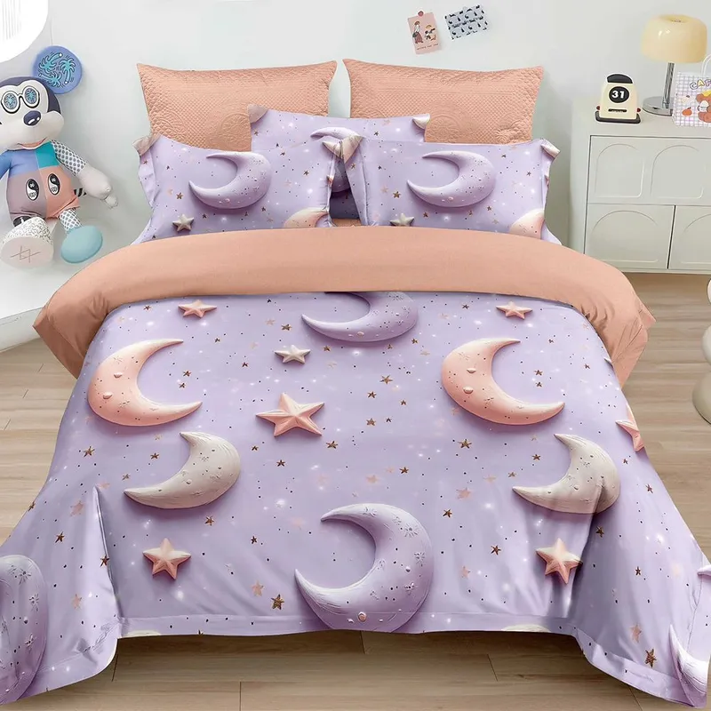 Lenjerie 6 Piese Bumbac Finet 5D - Lila cu Semilune - LFDS_A128D