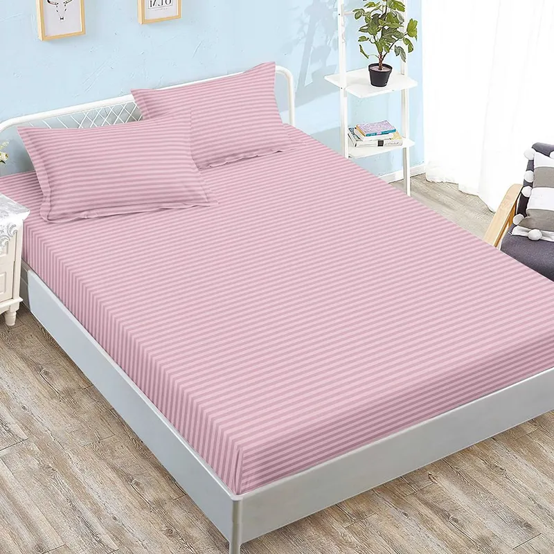 Cearceaf din Damasc Premium cu Elastic - 120/140x200 + 2 Fete Perna - Roz Deschis - CEDZ_K098