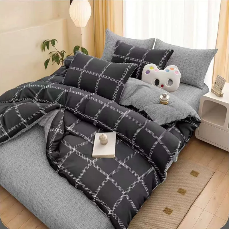 Lenjerie Bumbac Satinat 4 Piese - Geometric Negru - LBDP_H116B