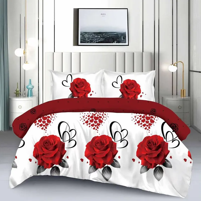 Lenjerie din Finet 90/120x200 - 4 Piese - Trandafiri si Inimioare Rosii - LFSGS_E027B