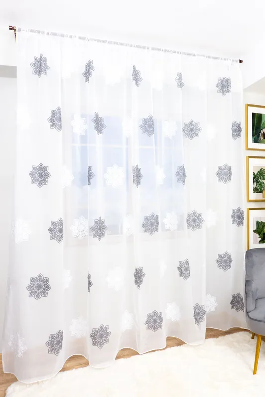 Set 2 Perdele din In cu Flori Mari Gri 100x245 cm cu Rejansa - PERD0145_100x245_ATL