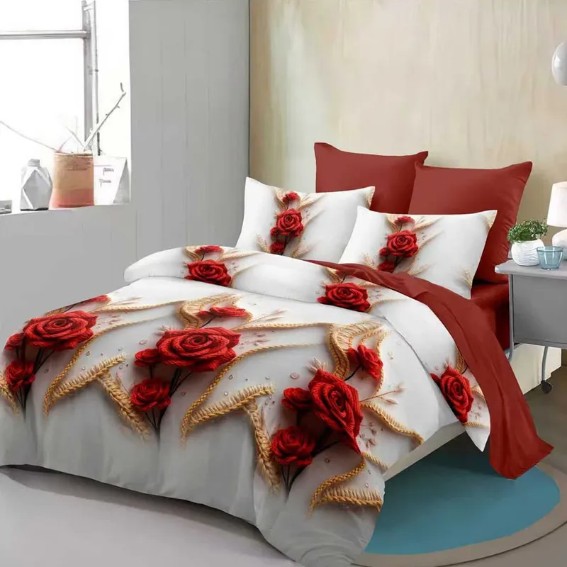 Lenjerie din Finet 3D/5D cu Cearceaf Elastic 160/180x200cm, 6 Piese - Grena cu Trandafiri - LFDEM_D166