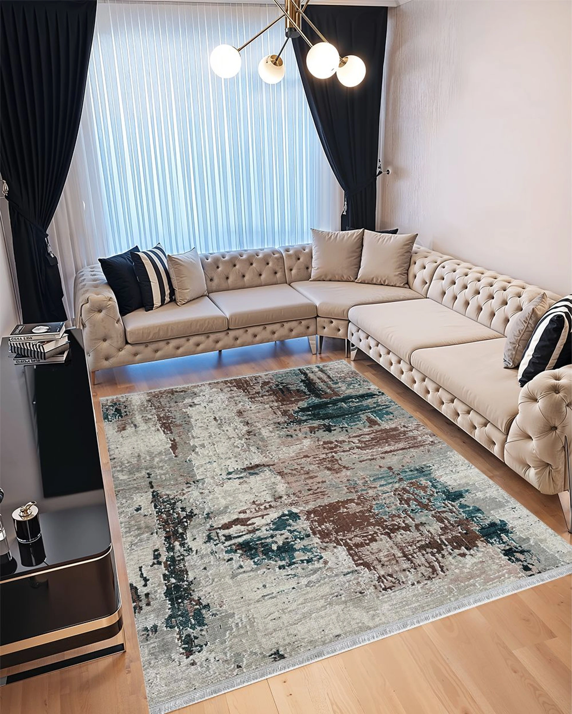 Covor pentru Dormitor 80x150 cm - Model Abstract Maro cu Verde - CVHD001_80x150_CVH