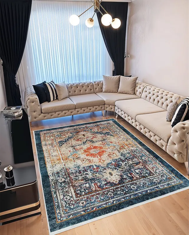 Covor pentru Dormitor 120x180 cm - Model Turcesc Albastru cu Bej - CVHD017_120x180_CVH