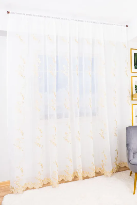  Set 2 Perdele din In cu Flori de Gheata Aurii 150x245 cm cu Rejansa - PERD084B_150x245_ATL