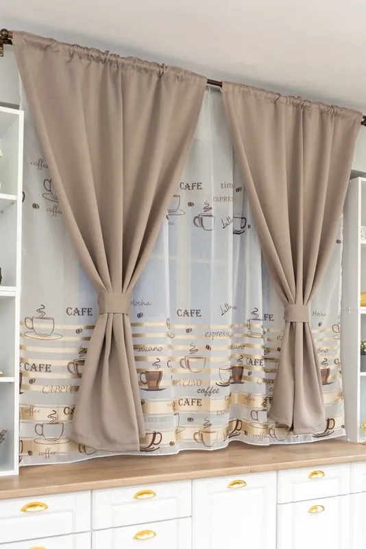 Set Bucatarie Mariah - Perdea Coffee Crem Bucatarie si Draperie Blackout Coffee