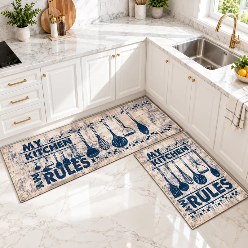 Set 2 Covoare Bucatarie Rules, 50x80 cm si 50x160 cm, Albastru - Crem, Polipropilena, Antiderapant - U064