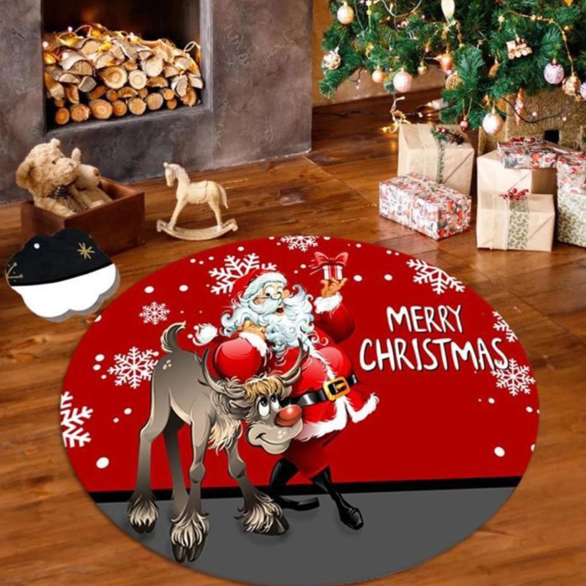 Covor Rotund Antiderapant pentru Dormitor 100x100 cm - Mos Craciun si Rudolf - CVHD077_100x100_CVH