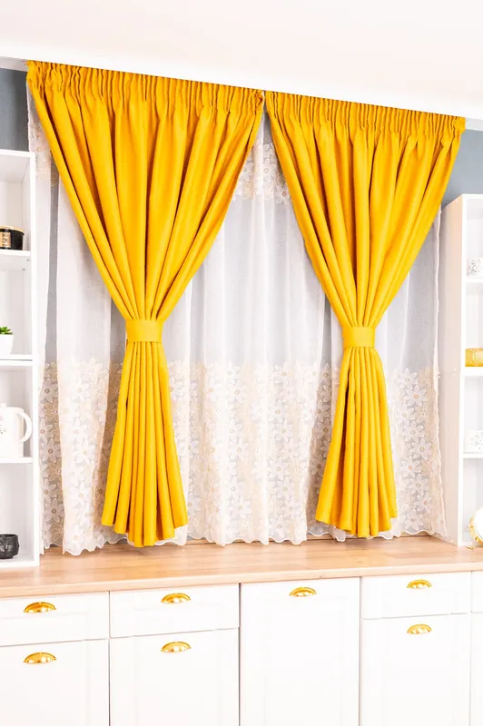 Set Bucatarie Stela - Perdea de Bucatarie Zambet Auriu si Draperie Blackout Cappuccino Gold