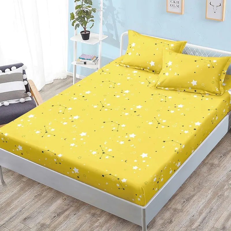 Cearceaf din Bumbac Satinat cu Elastic - 180x200 + 2 Fete Perna - Galben Constelatii - CEFN_L101