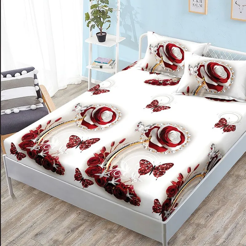 Cearceaf din Bumbac Satinat cu Elastic - 180x200 + 2 Fete Perna - Trandafiri Diamond - CEFN_K023B