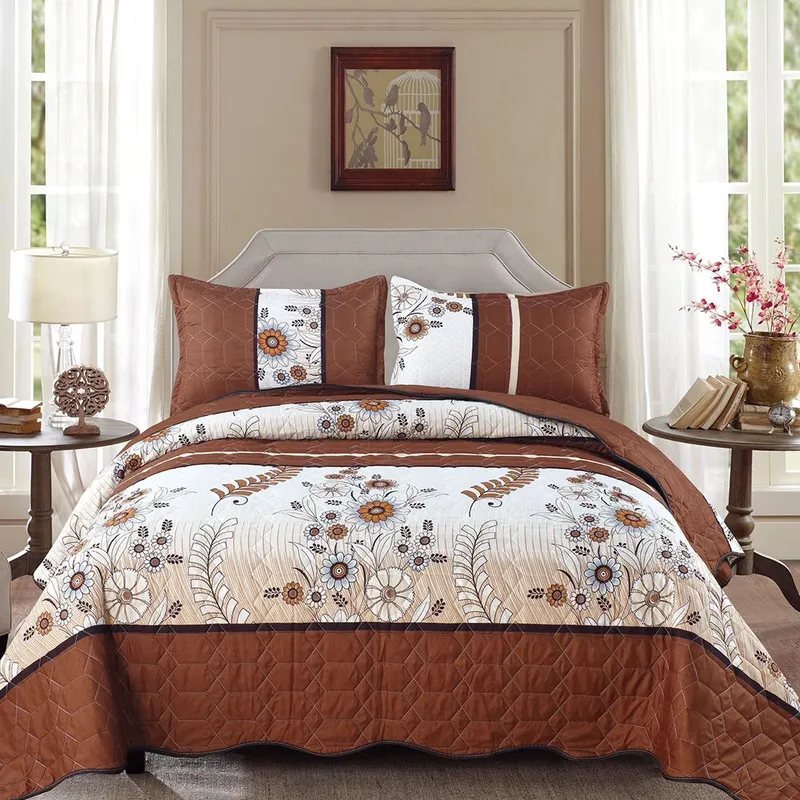 Set 3 Piese Cuvertura de Pat din Bumbac Satinat + 2 Fete de Perna 54x75 cm - Maro Flori de Toamna - CVBS_M130B
