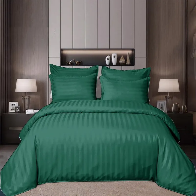 Lenjerie de Pat Damasc Premium 6 Piese cu Cearceaf Elastic - Verde Smarald - LDEN_I046