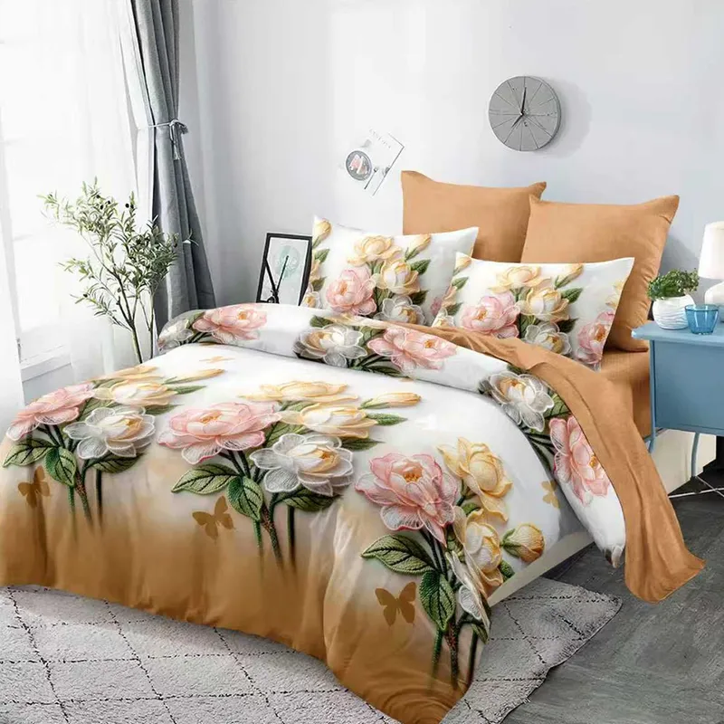 Lenjerie din Finet 3D/5D cu Cearceaf Elastic 160/180x200cm, 6 Piese - Model Degrade cu Trandafiri - LFDEM_D164