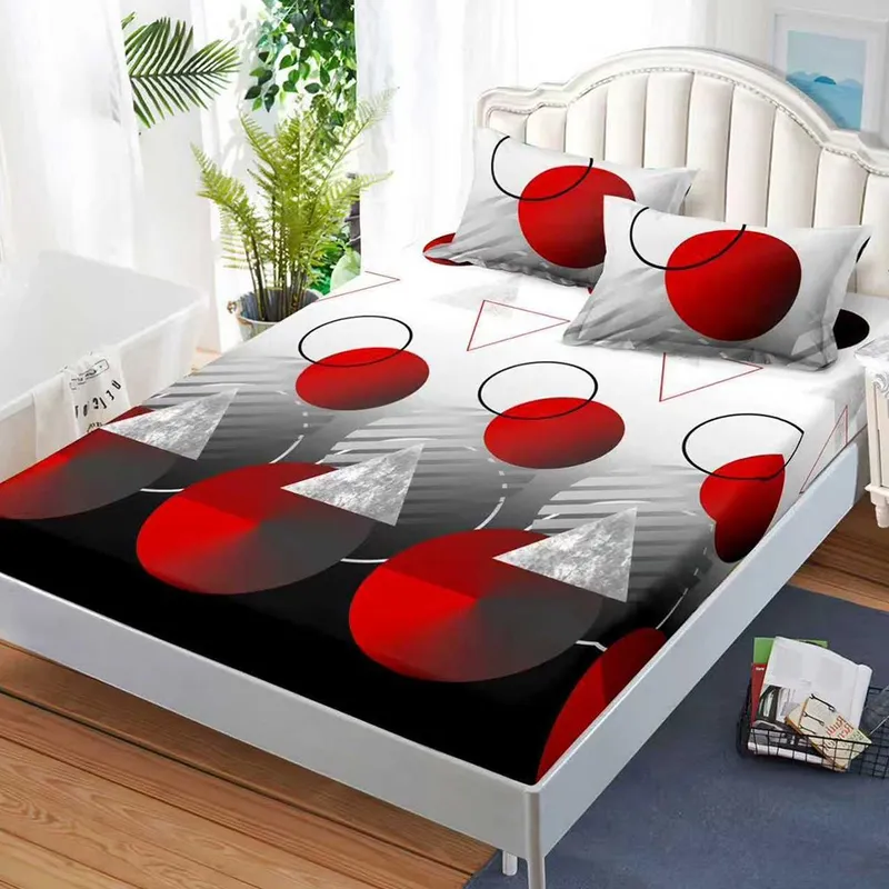 Cearceaf din Bumbac Satinat cu Elastic - 180x200 + 2 Fete Perna - Forme Geometrice - CEFN_K018B