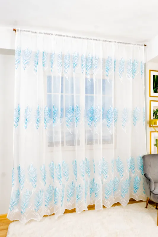 Perdea din In Fulg Turcoaz Blue Deschis cu Alb - PERD059C_PLC
