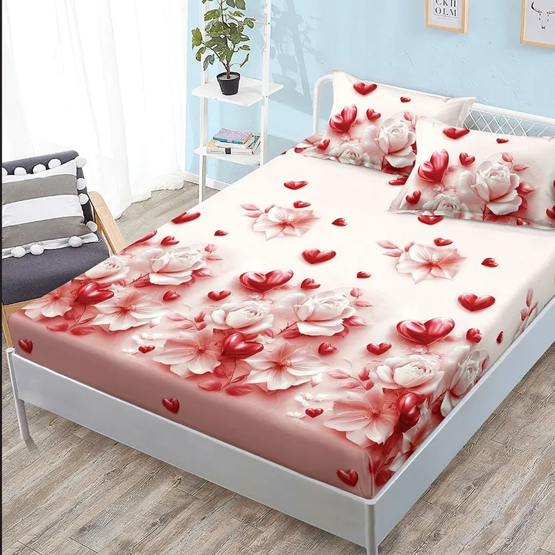 Cearceaf din Bumbac Satinat cu Elastic - 180x200 + 2 Fete Perna - Inimioare si Flori de Mar - CEFN_K027B