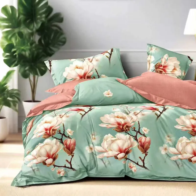 Lenjerie din Finet 90/120x200 - 4 Piese - Verde cu Magnolii - LFSGS_D043
