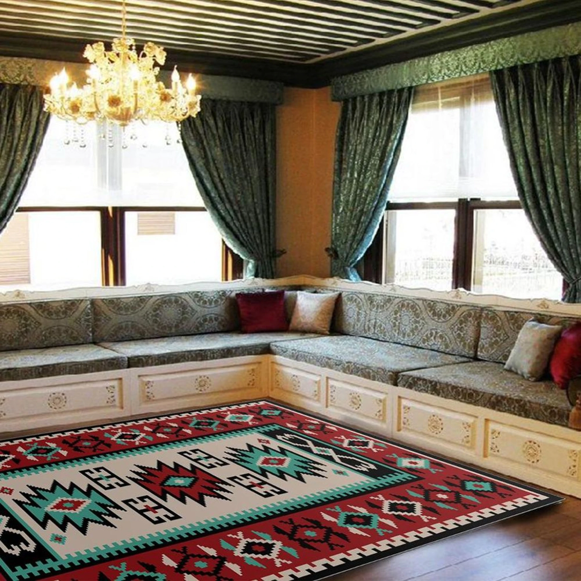 Covor Antiderapant pentru Dormitor 80x150 cm - Turcoaz Forme Geometrice - CVHB051_80x150_CVH
