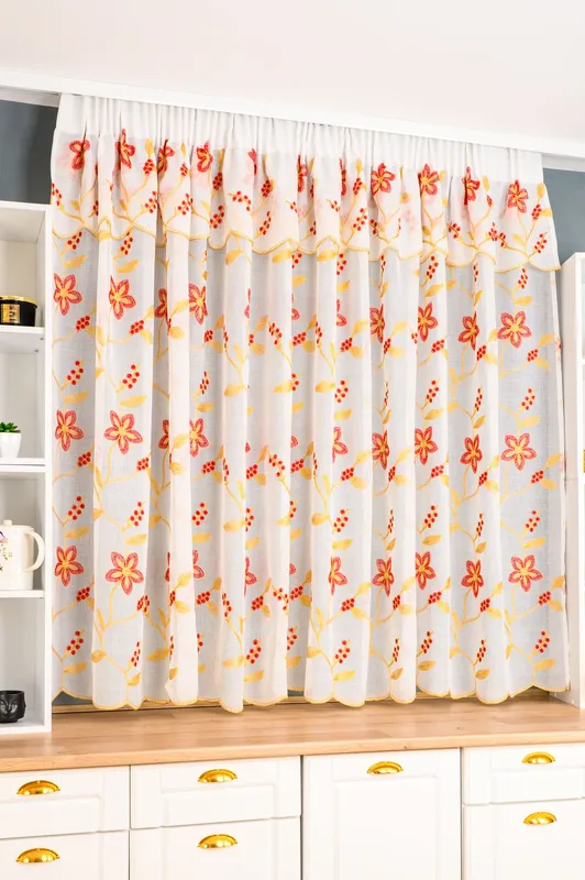 Perdea de Bucatarie cu Volanas Flori de Gradina Visiniu cu Crem - PERDB002C_PLC