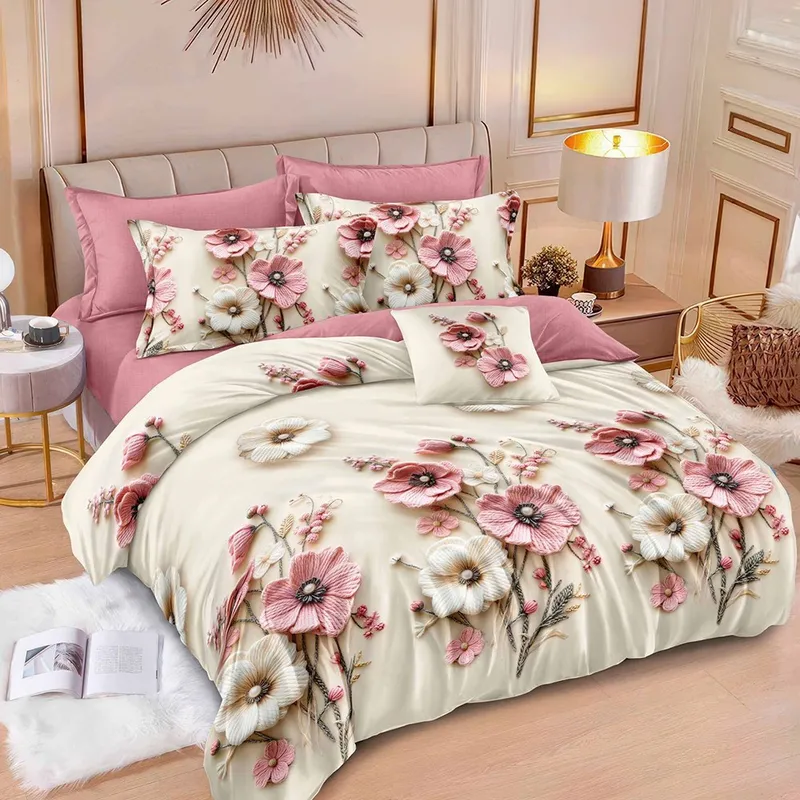 Lenjerie 6 Piese Bumbac Finet 3D/5D - Flori de Porțelan - LFDN_A038C