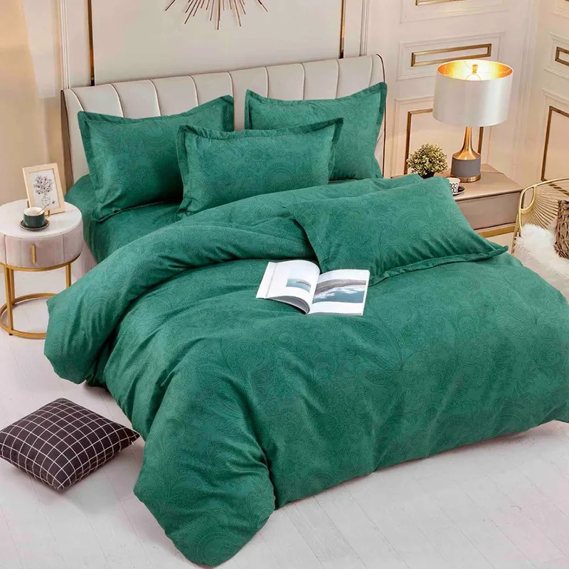 Lenjerie din Finet 90/120x200 - 4 Piese - Verde Inchis cu Imprimeu de Poveste - LFSGJ_E127