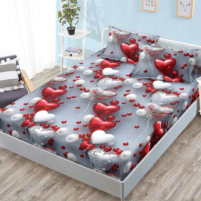 Cearceaf din Bumbac Satinat cu Elastic - 180x200 + 2 Fete Perna - Globulete si Inimioare - CEFN_K005B