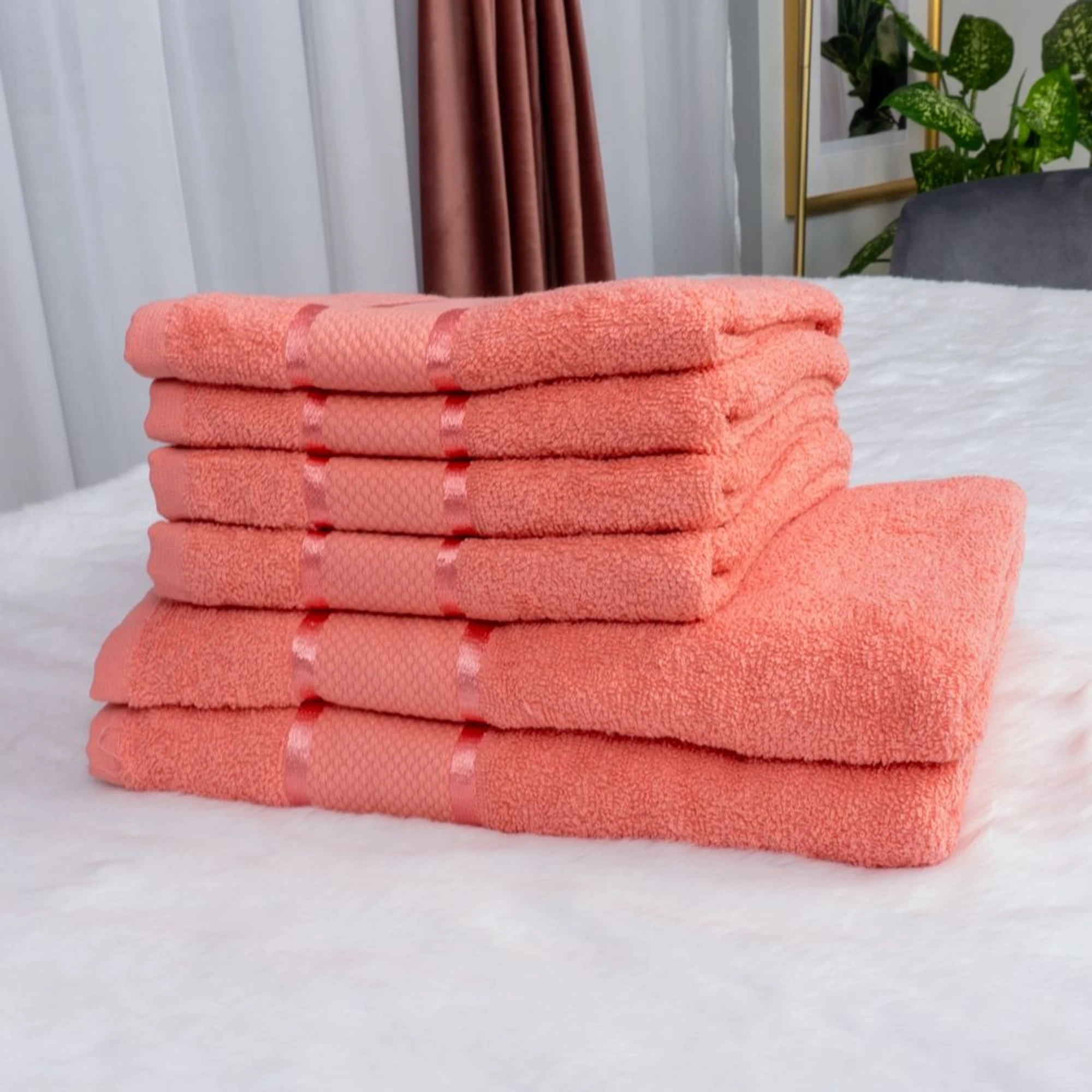 Set 6 Prosoape Corai din Bumbac 100% - 4 de 50x90cm si  2 de 70x130cm - 400g/mp - 4xPRSM007_2xPRSL007