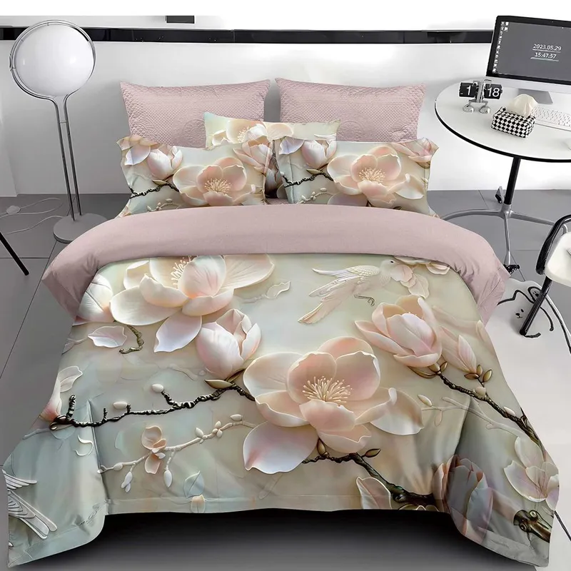 Lenjerie 6 Piese Bumbac Finet 5D - Magnolii Roz Pal cu Pasăre - LFDS_B067