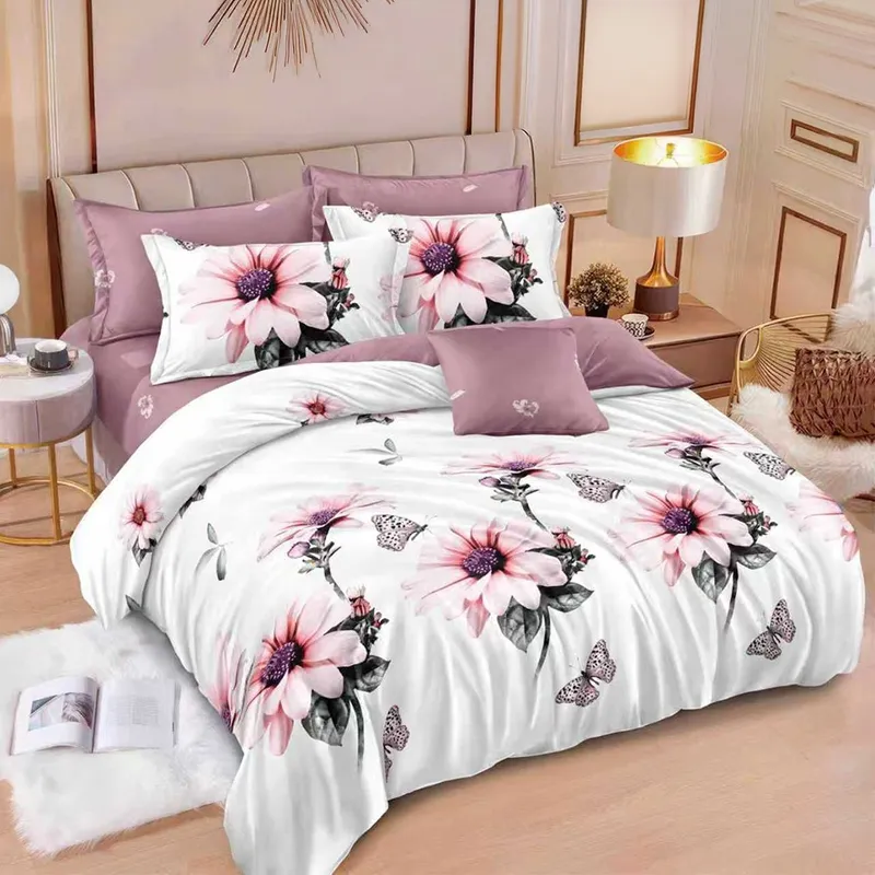 Lenjerie de Pat din Finet cu Elastic 6 Piese - 160/180x200 de Pucioasa - Crini Roz - LFEN_D024