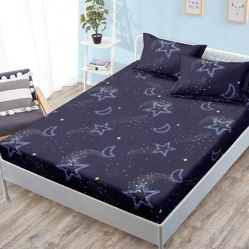Cearceaf din Bumbac Satinat cu Elastic - 160/180x200 + 2 Fete Perna - Stele Albastre - CEFN_L090B