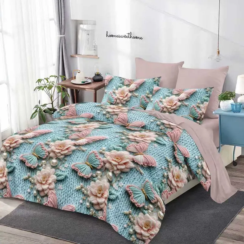 Lenjerie din Finet 3D/5D cu Cearceaf Elastic 160/180x200cm, 6 Piese - Model Bleu Crosetat - LFDEM_D165