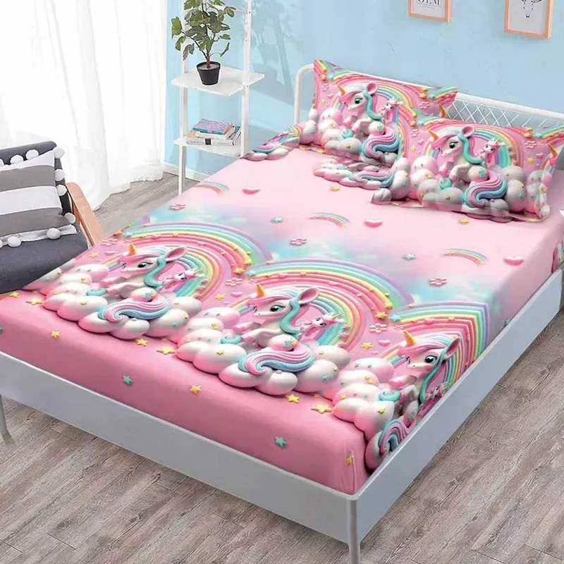 Cearceaf din Finet cu Elastic - 160/180x200 + 2 Fete Perna - Roz Unicorni Magici - CEFN_L086B
