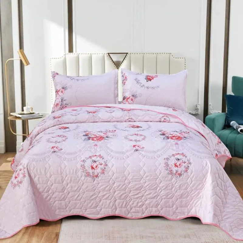 Set 3 Piese Cuvertura de Pat din Bumbac Satinat + 2 Fete de Perna 54x75 cm - Roz cu Trandafiri - CVBS_M122B