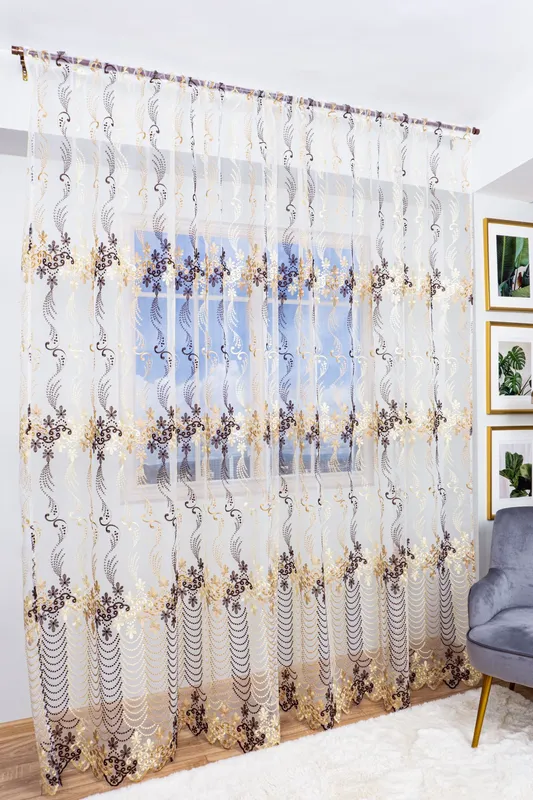 Set 2 Perdele din Organza cu Flori Maro si Crem Brodate 100x245cm cu Rejansa - PERD001A_100x245_ATL