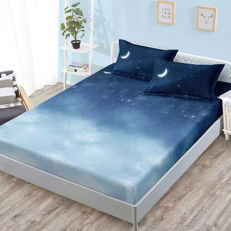 Cearceaf din Bumbac Satinat cu Elastic - 160x200 + 2 Fete Perna - Cer Instelat - CEFN_L115B