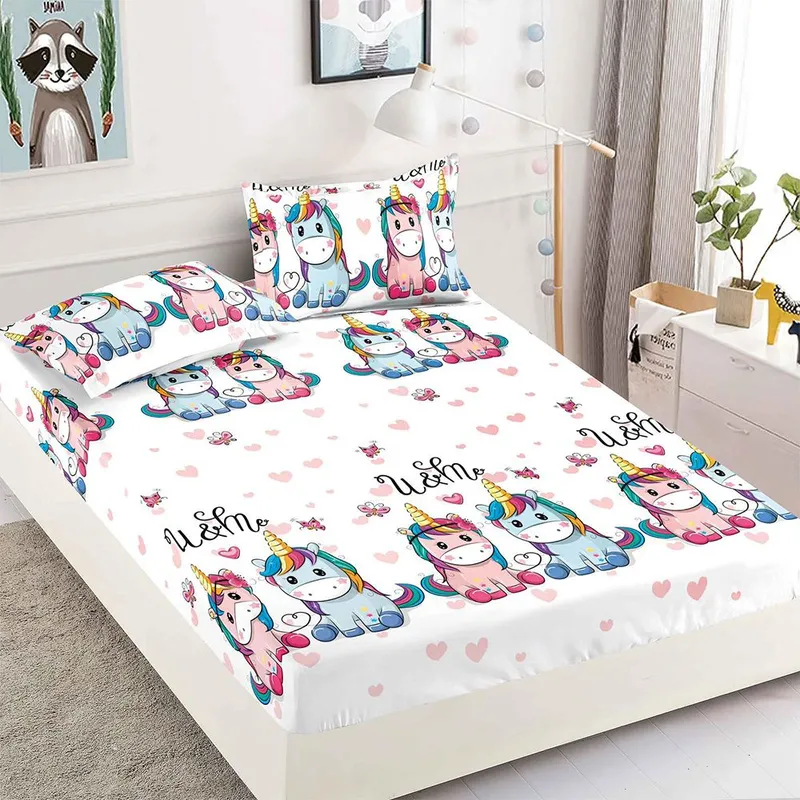 Cearceaf din Finet cu Elastic - 180x200 + 2 Fete Perna - Tărâmul Unicornilor - CEFJ_L020B