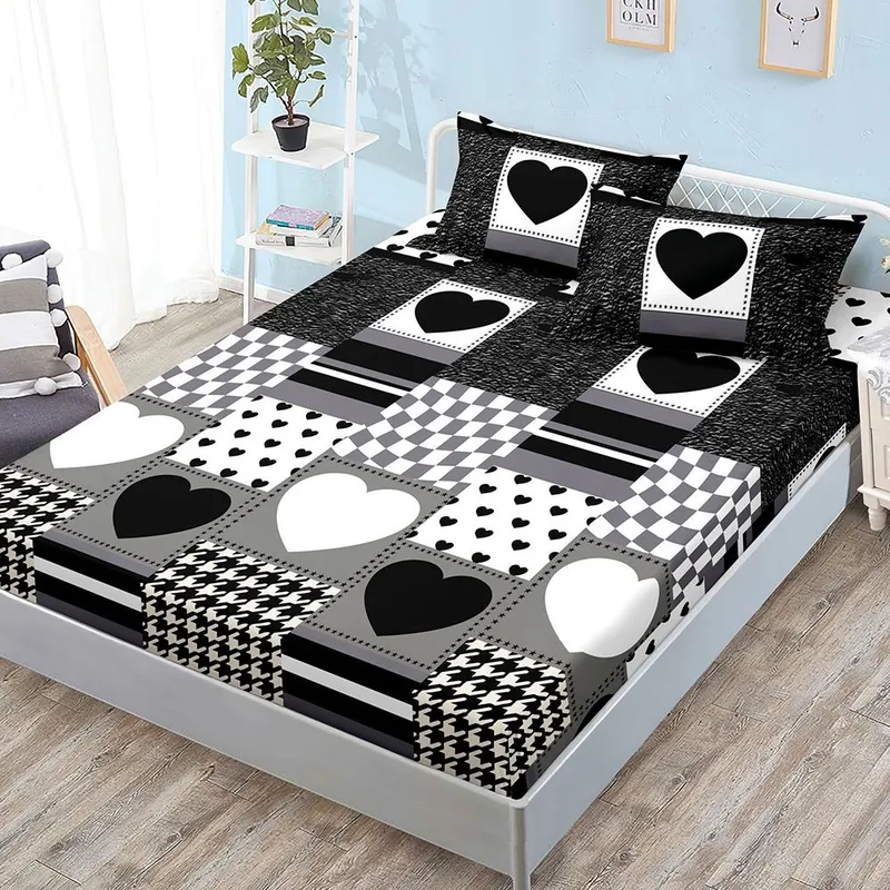Cearceaf din Bumbac Satinat cu Elastic - 160x200 + 2 Fete Perna - Model Geometric cu Inimioare - CEFN_L111B