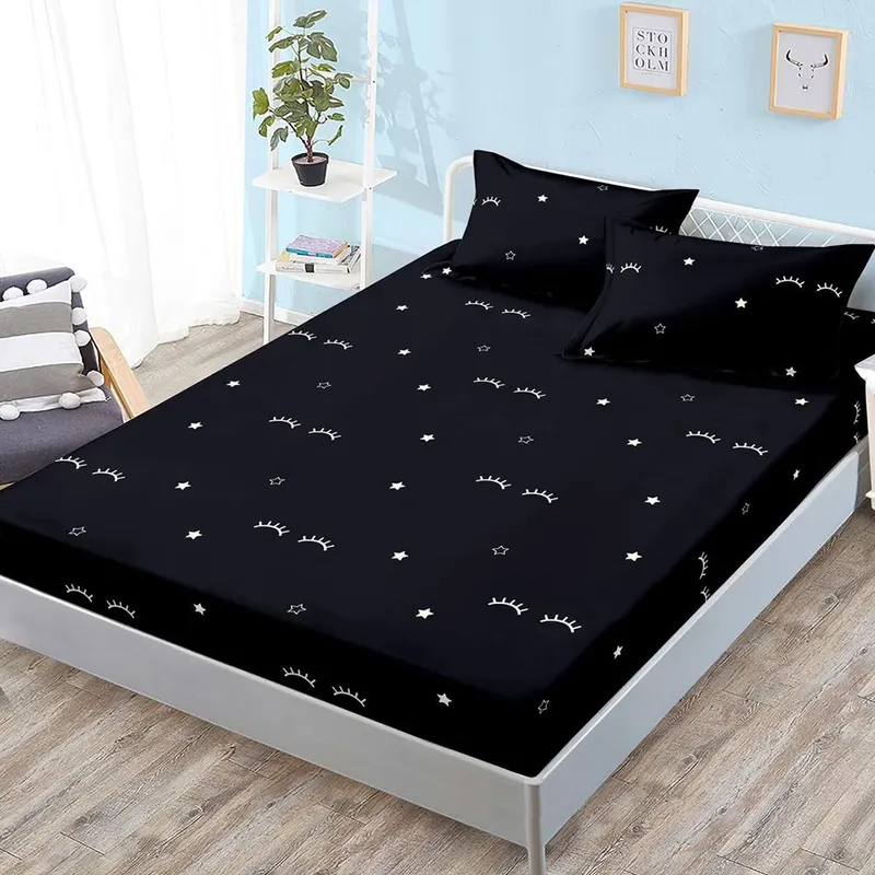 Cearceaf din Bumbac Satinat cu Elastic - 180x200 + 2 Fete Perna - Negru cu Gene - CEFN_L100B