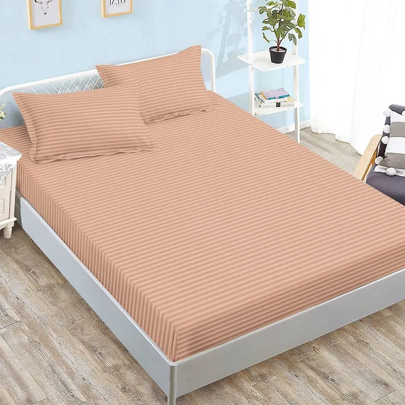 Cearceaf din Damasc Premium cu Elastic - 120/140x200 + 2 Fete Perna - Roz Piersica - CEDZ_K108