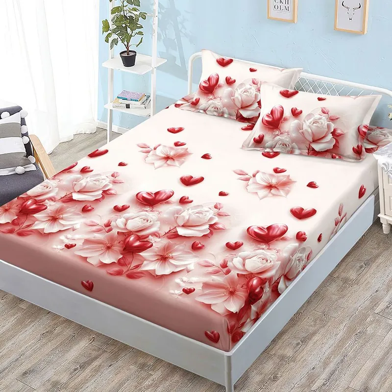 Cearceaf din Bumbac Satinat cu Elastic - 160x200 + 2 Fete Perna - Inimioare si Flori de Mar - CEFN_L109D
