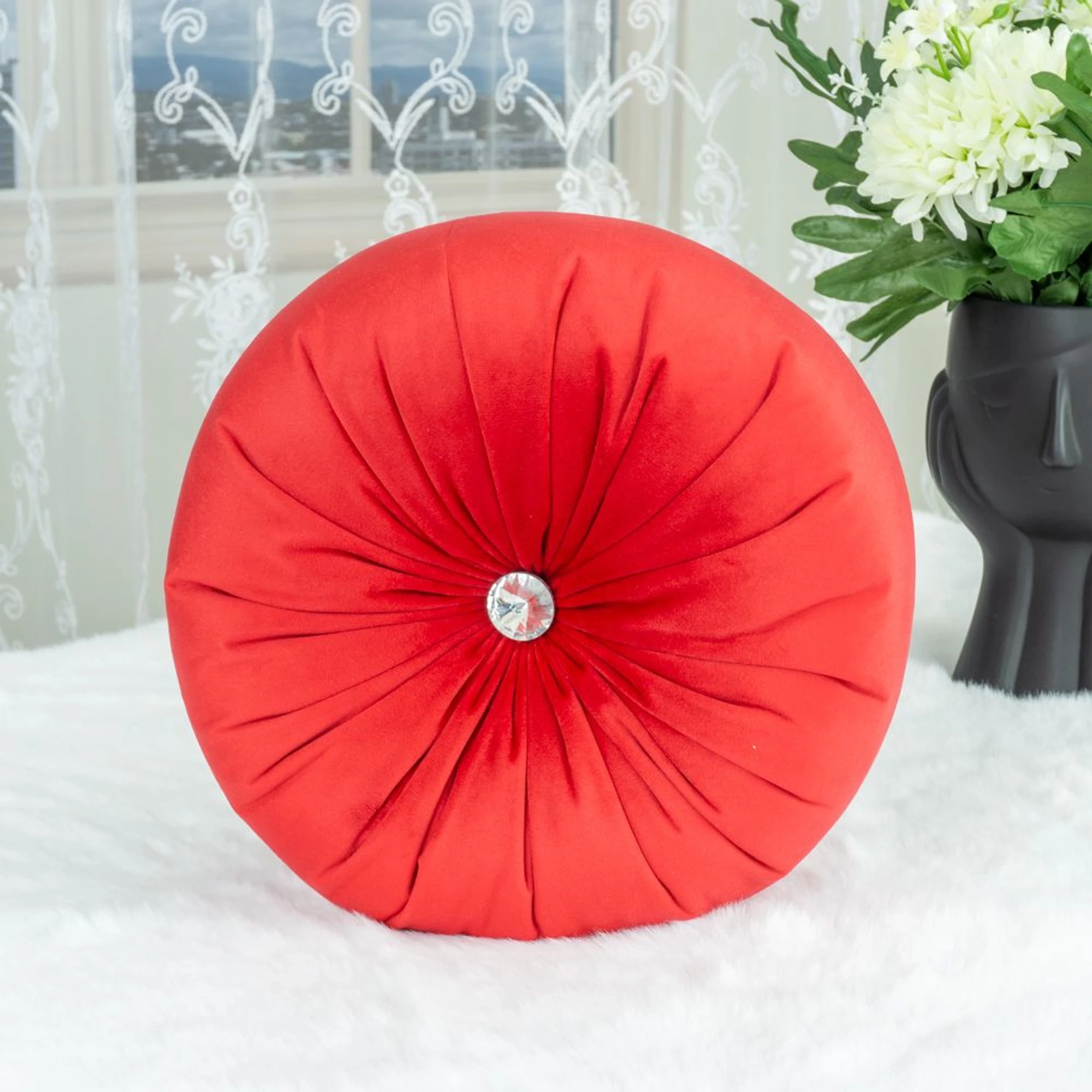 Perna Decorativa Diamond Round din Catifea  Rosu Aprins 33cm  PDC0106_PLC