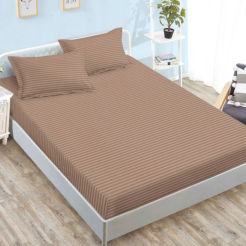 Cearceaf din Damasc Premium cu Elastic - 120/140x200 + 2 Fete Perna - Maro Inchis - CEDZ_K096