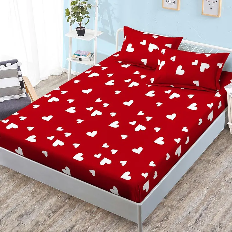 Cearceaf din Finet cu Elastic - 160/180x200 + 2 Fete Perna - Rosu cu Inimioare Albe - CEFN_K028C