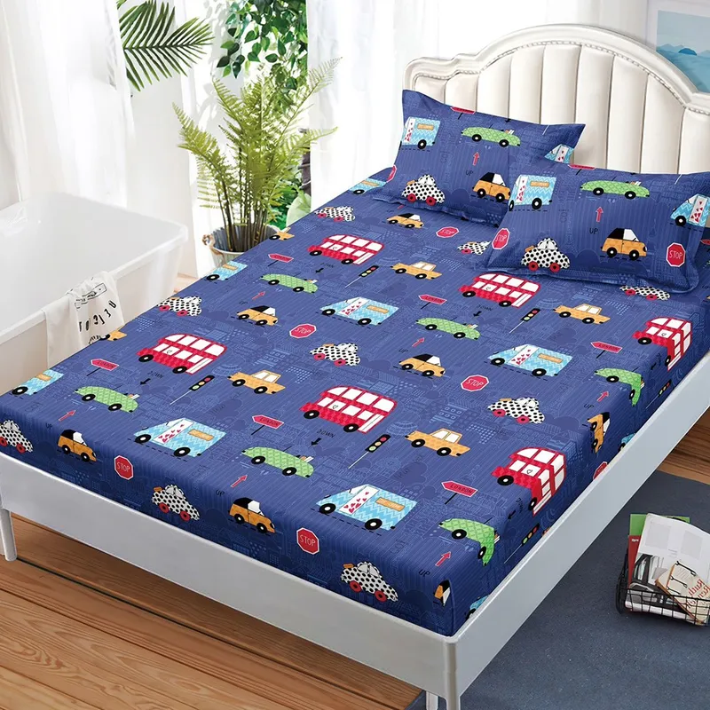 Cearceaf din Bumbac Satinat cu Elastic - 160x200 + 2 Fete Perna - Masini - CEFN_K030D