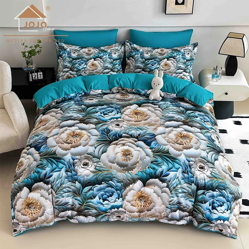 Lenjerie 6 Piese Bumbac Finet 5D cu Elastic - Flori Albe si Bleu Sculptate - LFDEJ_O011