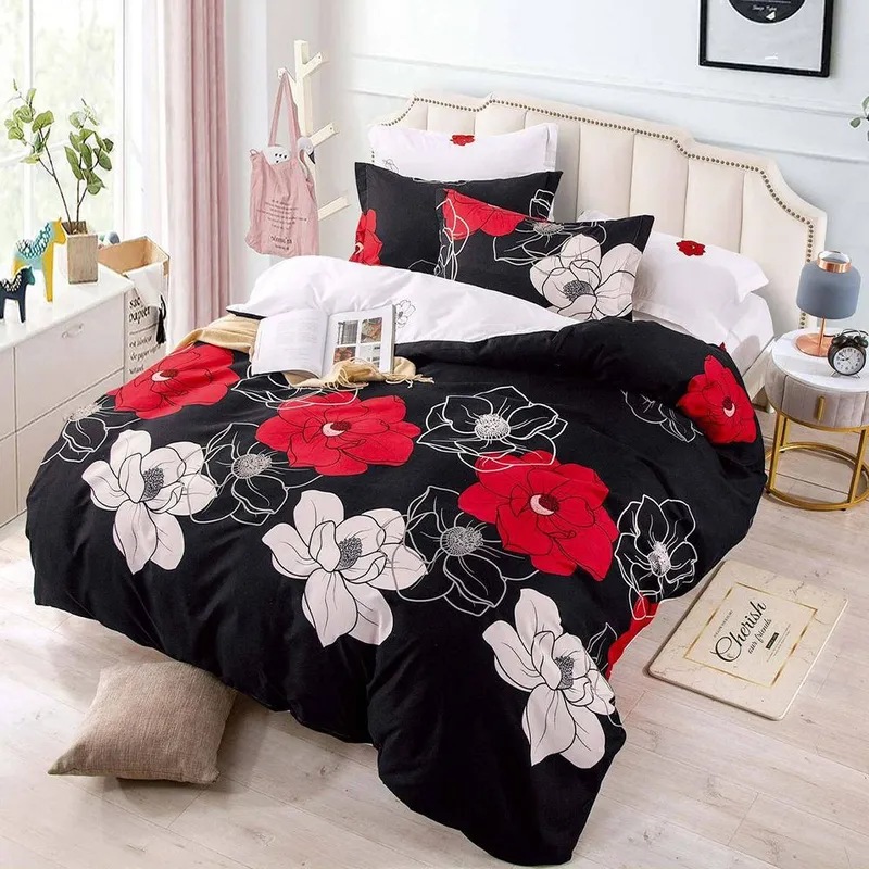 Lenjerie Bumbac Finet 6 Negru Rosu Alb Flori LFJ_A095