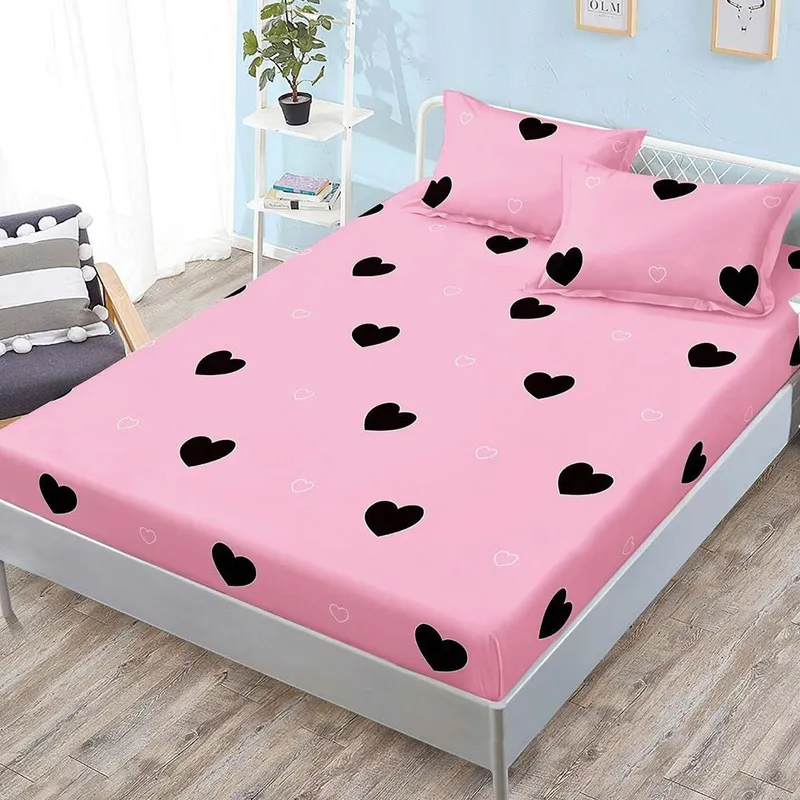 Cearceaf din Bumbac Satinat cu Elastic - 180x200 + 2 Fete Perna - Roz cu Inimoare Negre - CEFN_L112